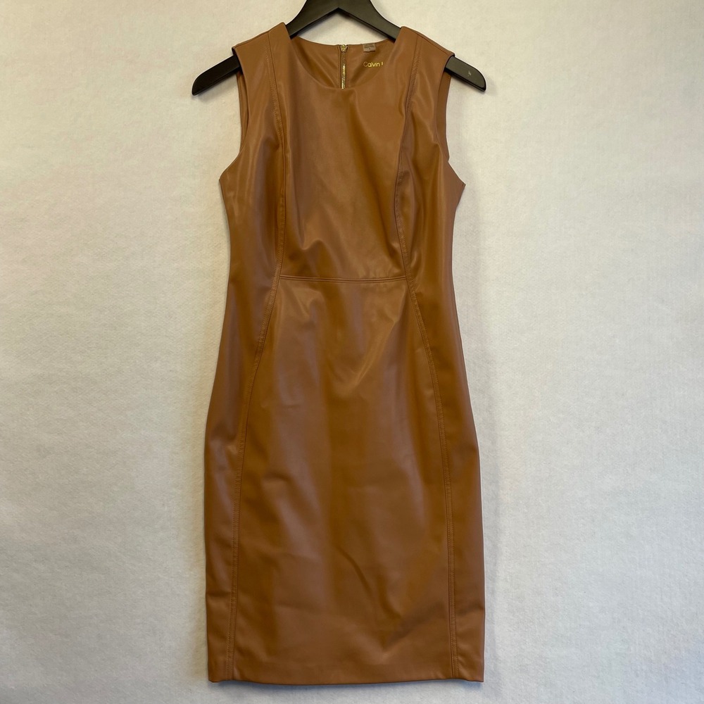 Calvin Klein Womens Tan Faux Leather Sleeveless Sheath Dress Size 4 Gold Zipper